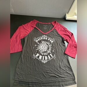 Women’s Waiting For Friday 3/4 Sleeve Black Burgundy V-Neck T Shirt Lounge Shirt